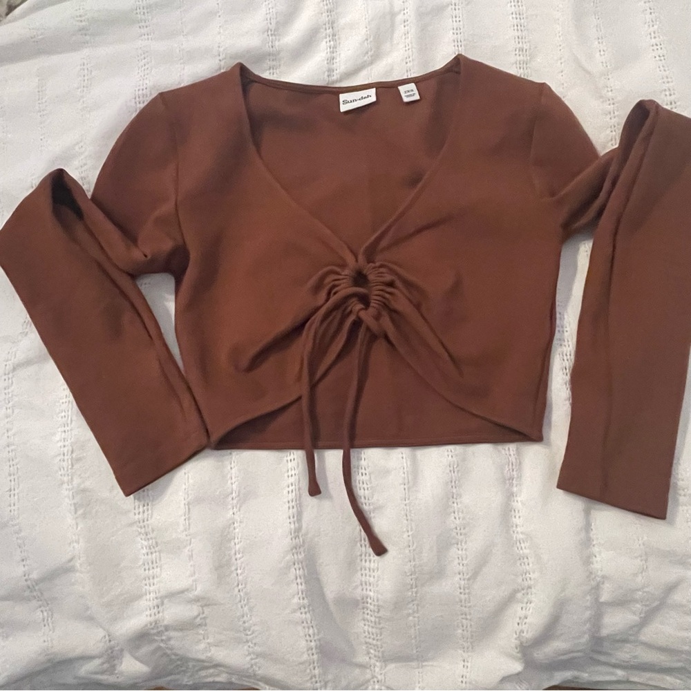 Brown Ruched Crop Long Sleeve Top